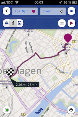Billede af rutevejledning i Nokia Here
