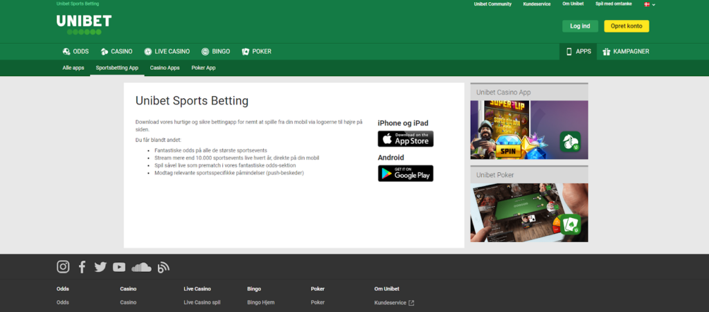 En side med en spilapp til Unibet Casino, der kan downloades