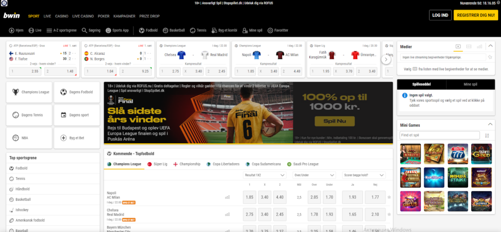 Sportsbook hos bookmakeren Bwin